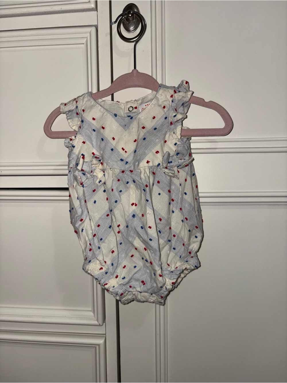 Cat & Jack White Baby Romper with Blue Chevron and Red Dot Accents
